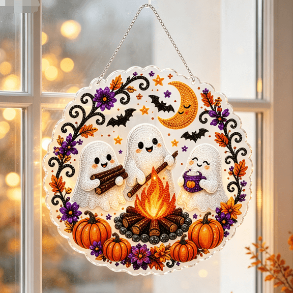 Halloween Diamond Art Hanging Ornament Kit, DIY 5D Special Shaped Crystal Gem Acrylic Suncatcher, Floral Window Wall Decor Craft Gift for Adults Beginners (Ghost - Fire)