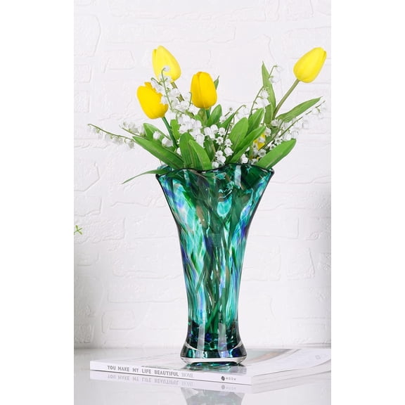 Unique Hand-Blown Teal Glass Vase 9.06 Inches for Elegant Home Decor