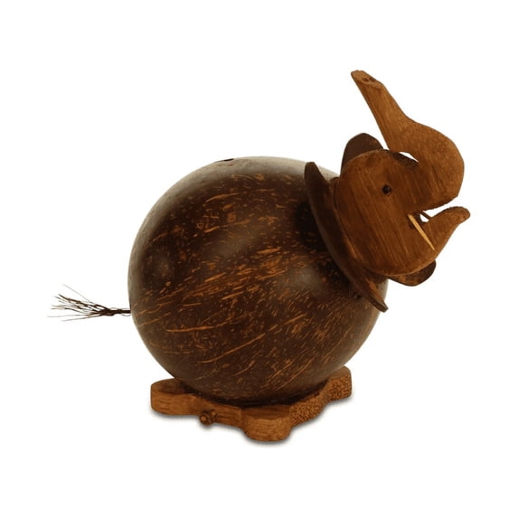 Unique Handmade Coconut Shell Wood Elephant Coin Piggy Bank Handcrafted Wooden Rustic Hand Carved Keepsake Saving Money Adorable Kids Room Decor Gift