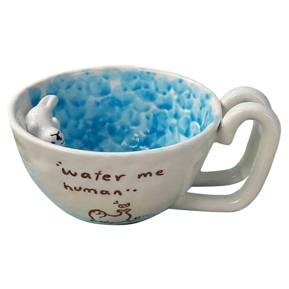 Unique Handmade Seal Ceramic Cup, 3D Raised Swimming Seal Design, Blue Lining "Water Me Human" Graphic