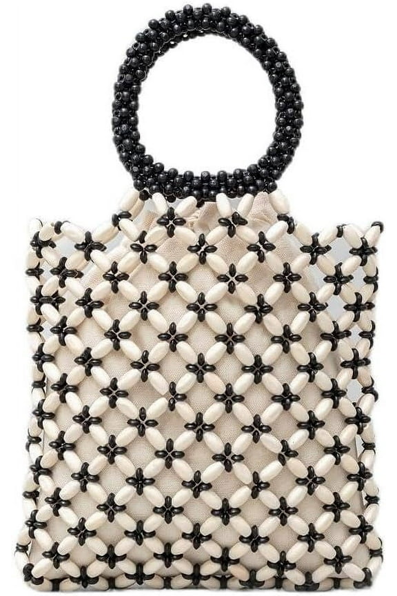 Unique Handmade Wooden Bead Tote Bag for Women, Small Handwoven Clutch Purses Woven Bucket Handbag and Drawstring Handbag