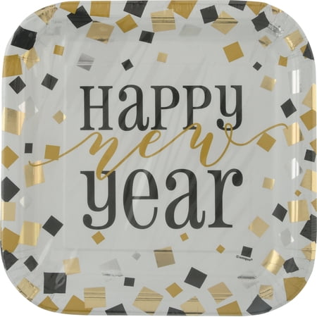 Unique Happy New Year Foil Square 9" Dinner Plates, White Black Gold, 16 CT