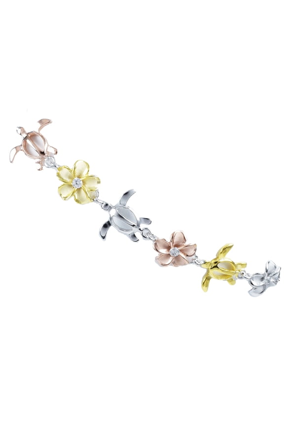 Unique Hawaiian 3-Tone Sea Turtle Plumeria Bracelet, Sterling Silver Tri-color Turtle Bracelet, B3319 Birthday Mom Valentine Gift