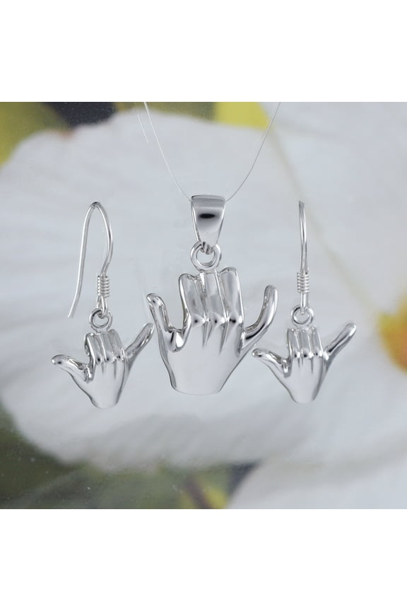 Unique Hawaiian 3D Hang Loose Necklace and Earring, Shaka Sign, Sterling Silver 3D Hang Loose Pendant, N6130S Birthday Valentine Mom Gift