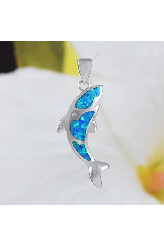 Unique Hawaiian Blue Opal Orca Whale Necklace, Sterling Silver Blue Opal Orca Killer Whale CZ Eye Pendant, N6166 Birthday Valentine Mom Gift
