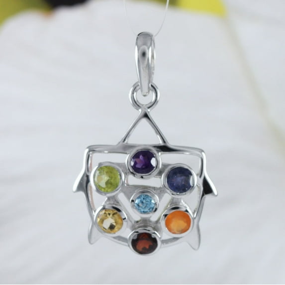 Unique Hawaiian Genuine Amethyst Citrine Garnet Peridot Blue Topaz Sea Turtle Necklace, Sterling Silver Rainbow Gemstone Pendant, N9005