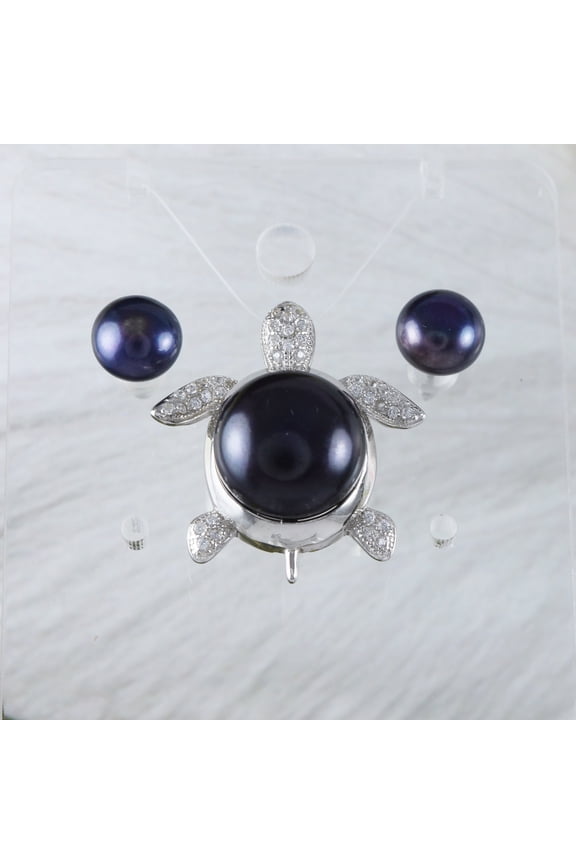 Unique Hawaiian Genuine Black Pearl Sea Turtle Earring and Necklace, Sterling Silver Black Pearl Turtle CZ Pendant, N8868S1 Birthday Gift