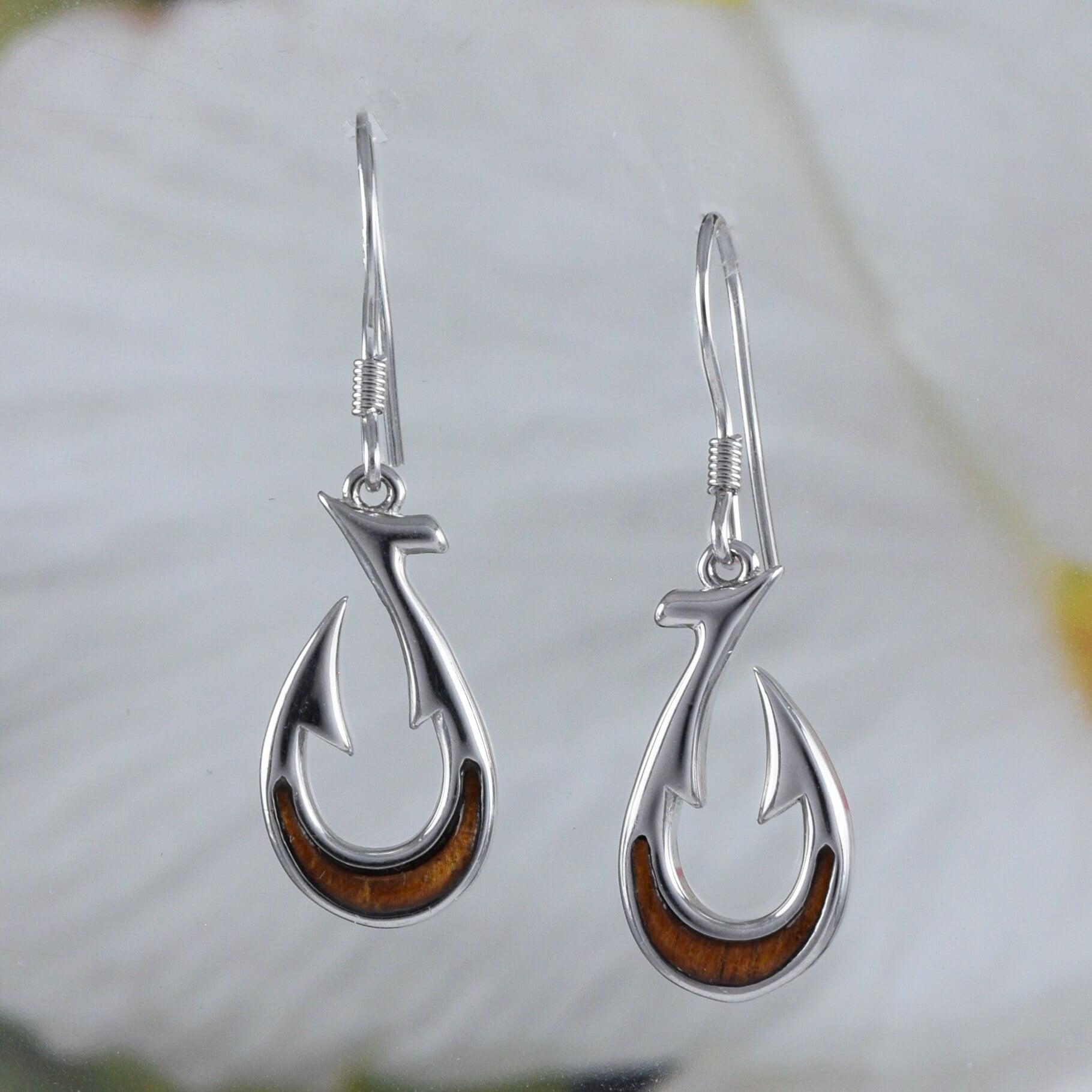 Unique Hawaiian Genuine Koa Wood 3D Fish Hook Earring, Sterling Silver Fish Hook Dangle Earring, E8924 Valentine Birthday Wife Mom Gift
