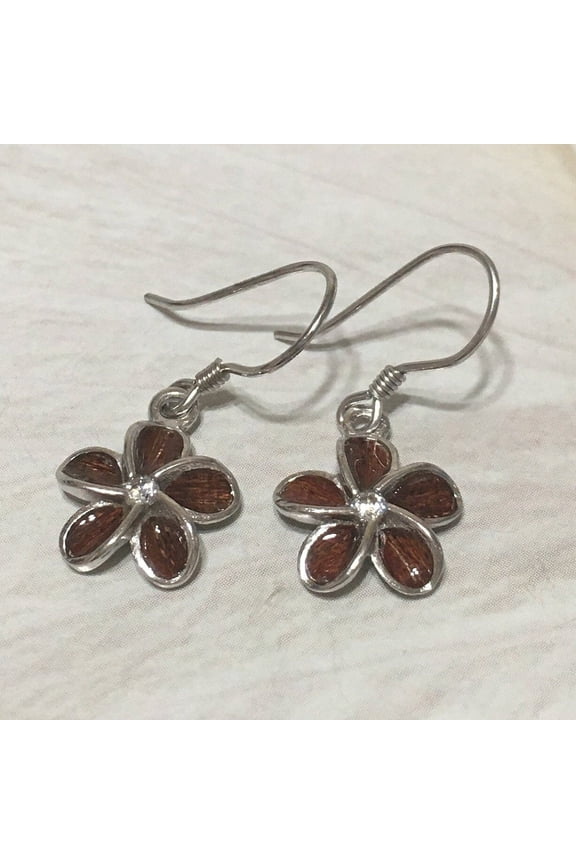 Unique Hawaiian Genuine Koa Wood Plumeria Earring, Sterling Silver Koa Wood Plumeria CZ Dangle Earring, E8188 Birthday Mom Valentine Gift