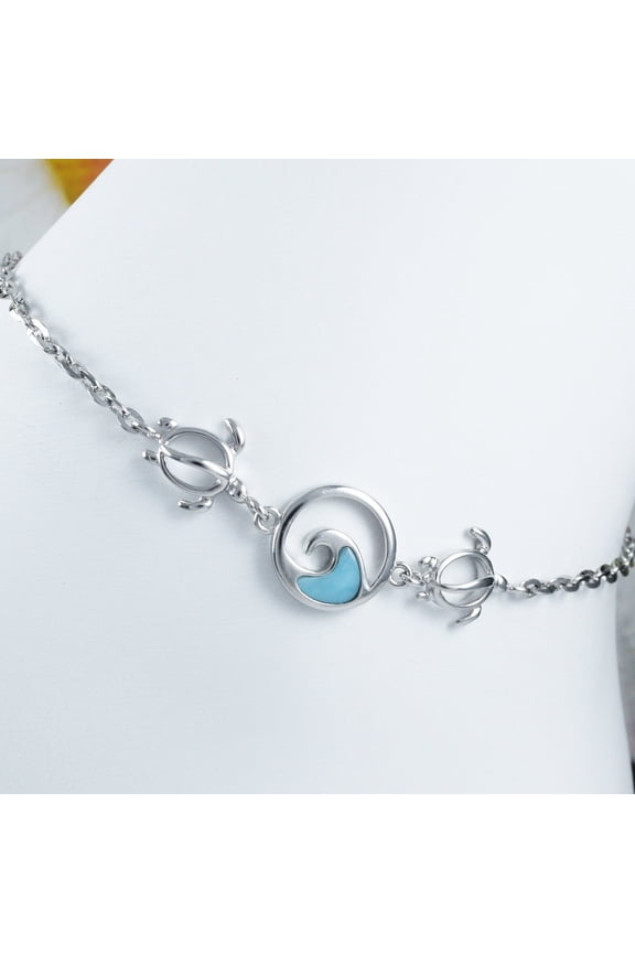 Unique Hawaiian Genuine Larimar Ocean Wave Sea Turtle Bracelet, Sterling Silver Larimar Wave Turtle Bracelet, B9395 Birthday Mom Gift