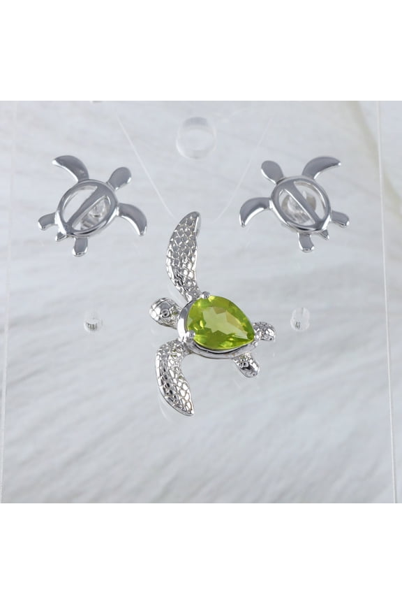 Unique Hawaiian Genuine Peridot Sea Turtle Earring and Necklace, Sterling Silver Peridot Turtle Pendant, N8880S Birthday Mother Mom Gift