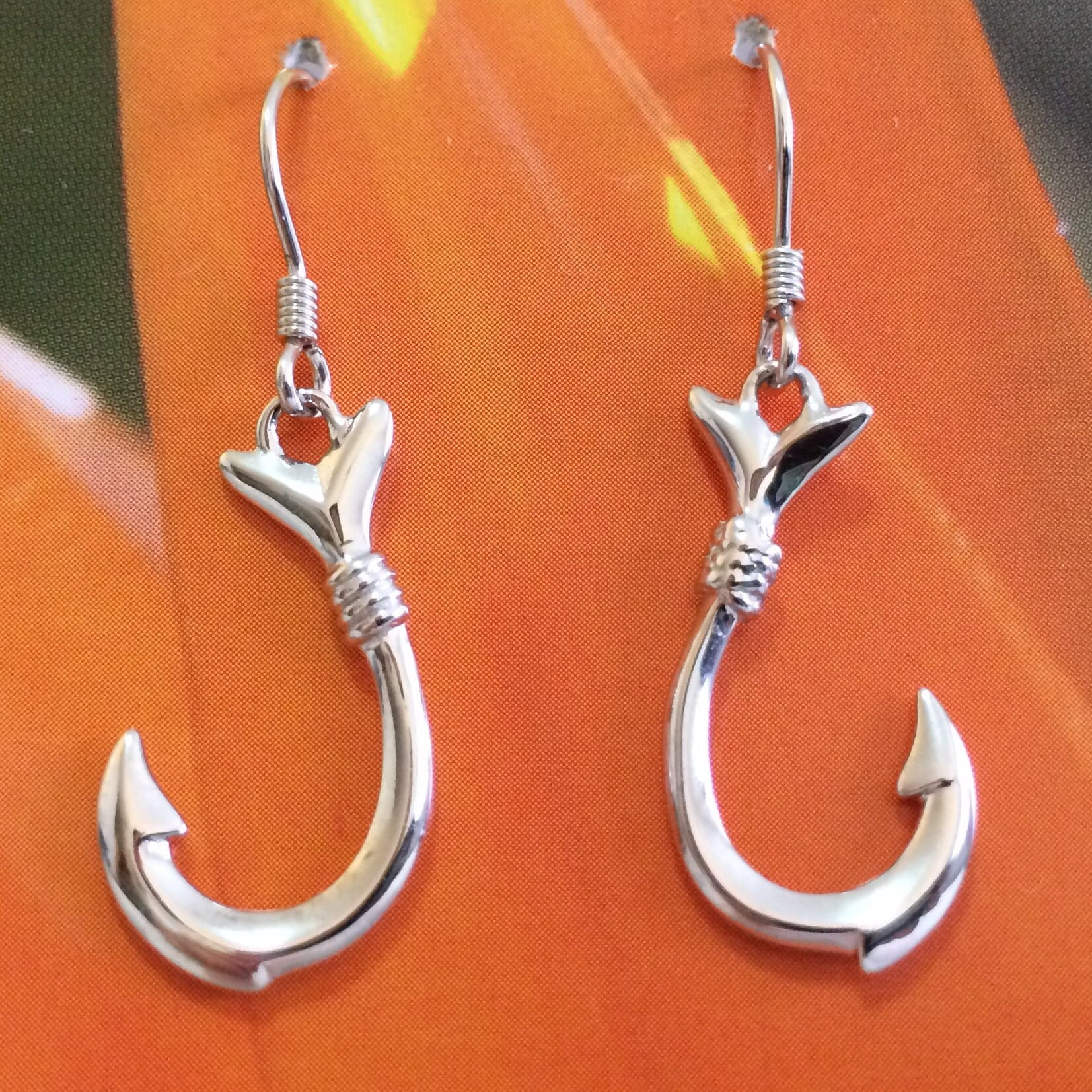 Unique Hawaiian Large 3D Fish Hook Earring, Sterling Silver Fish Hook Dangle Earring, E4140A Valentine Birthday Anniversary Wife Mom Gift