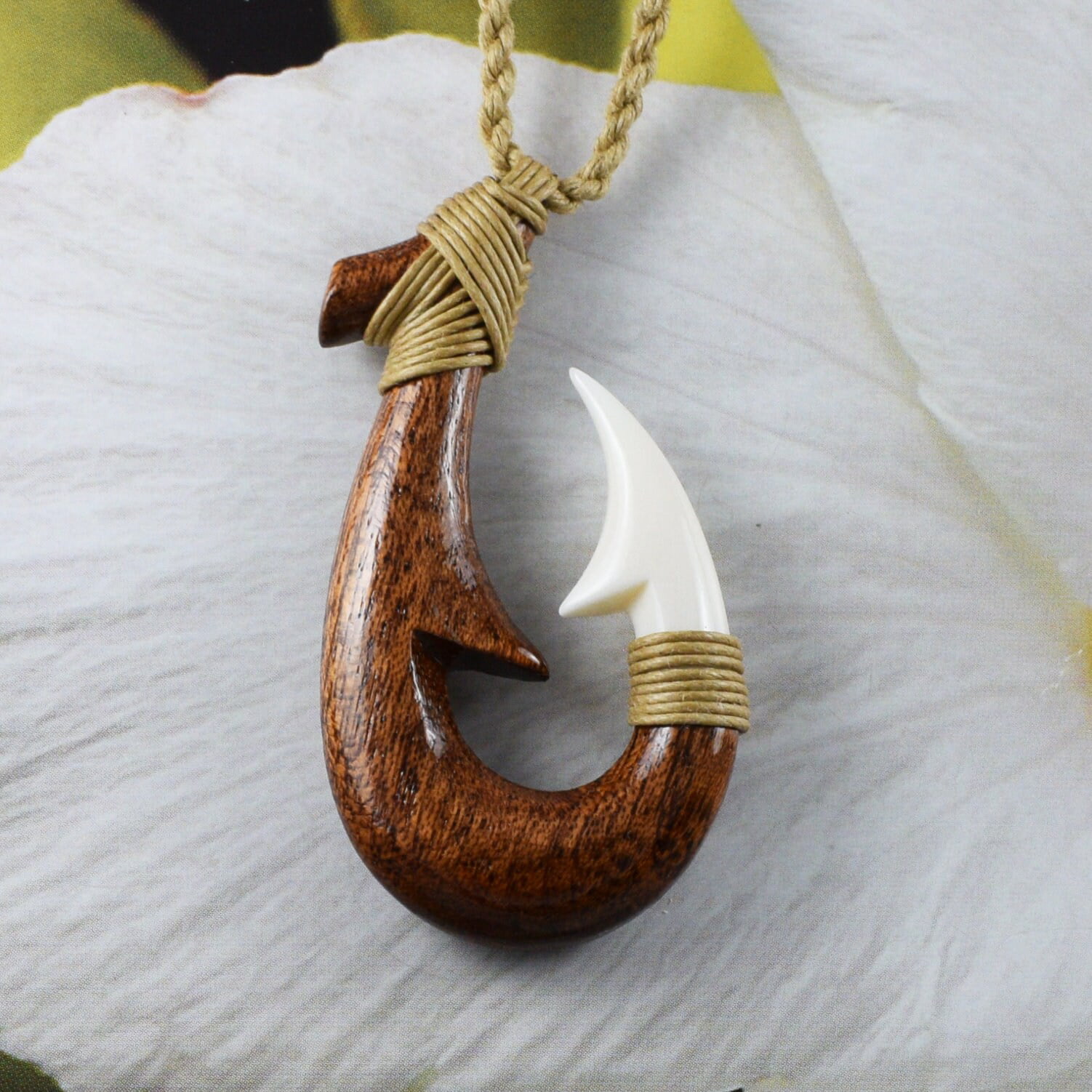 Unique Hawaiian Large Genuine Koa Wood Fish Hook Necklace, Hand Carved  Buffalo Bone 3D Fish Hook Necklace, N9404 Birthday Valentine Gift