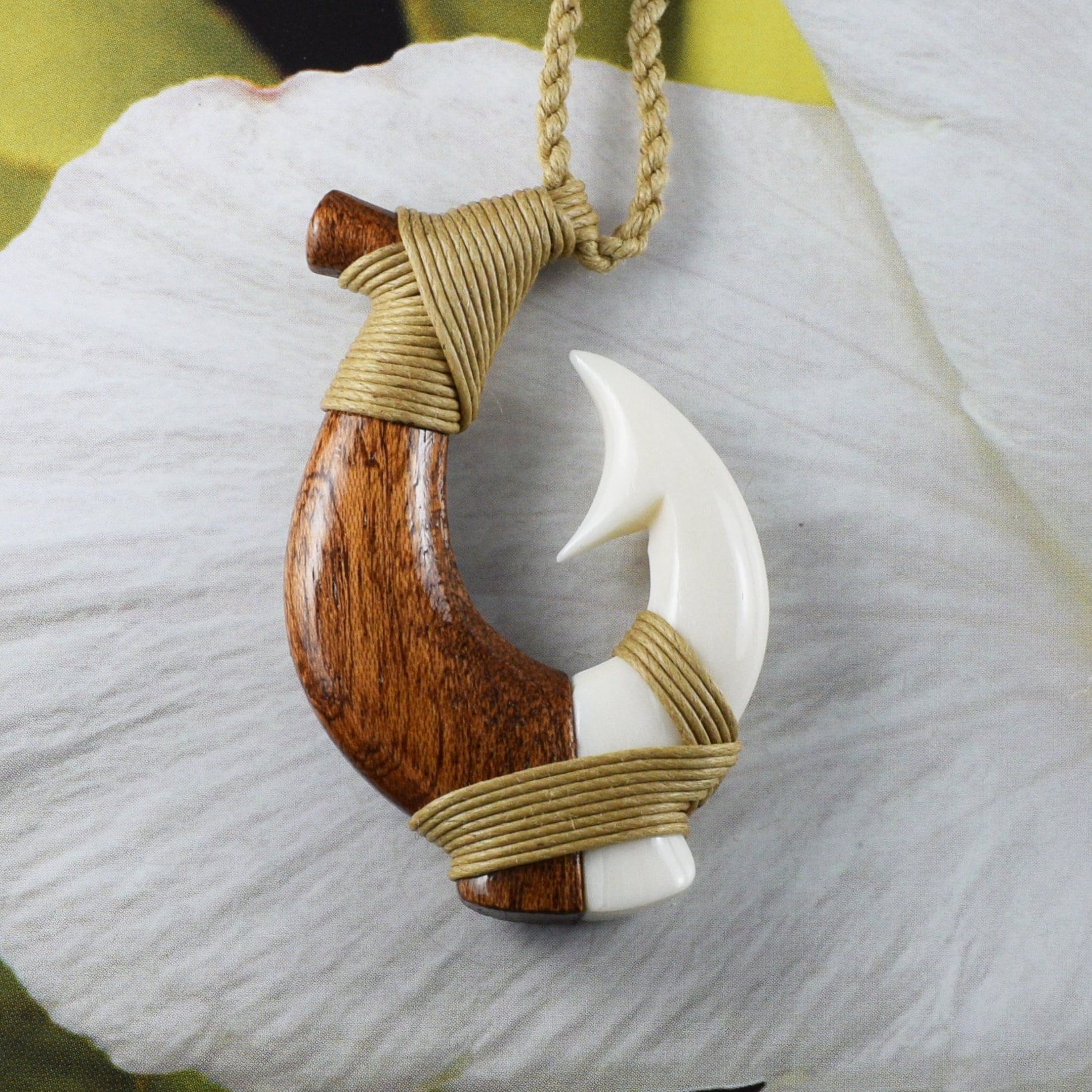 Hawaiian Fish Hook Necklace (Black Buffalo Bone) - Hand Carved