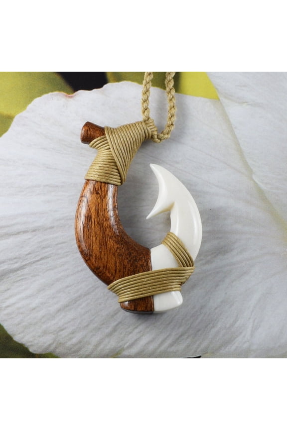 Unique Hawaiian Large Genuine Koa Wood Fish Hook Necklace, Hand Carved Buffalo Bone 3D Fish Hook Necklace, N9405 Birthday Valentine Gift