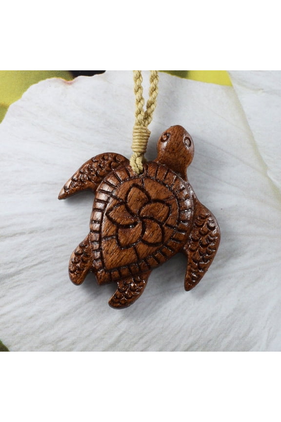 Unique Hawaiian Large Genuine Koa Wood Sea Turtle Necklace, Hand Carved Koa Wood Plumeria Turtle Necklace, N9408 Birthday Valentine Gift