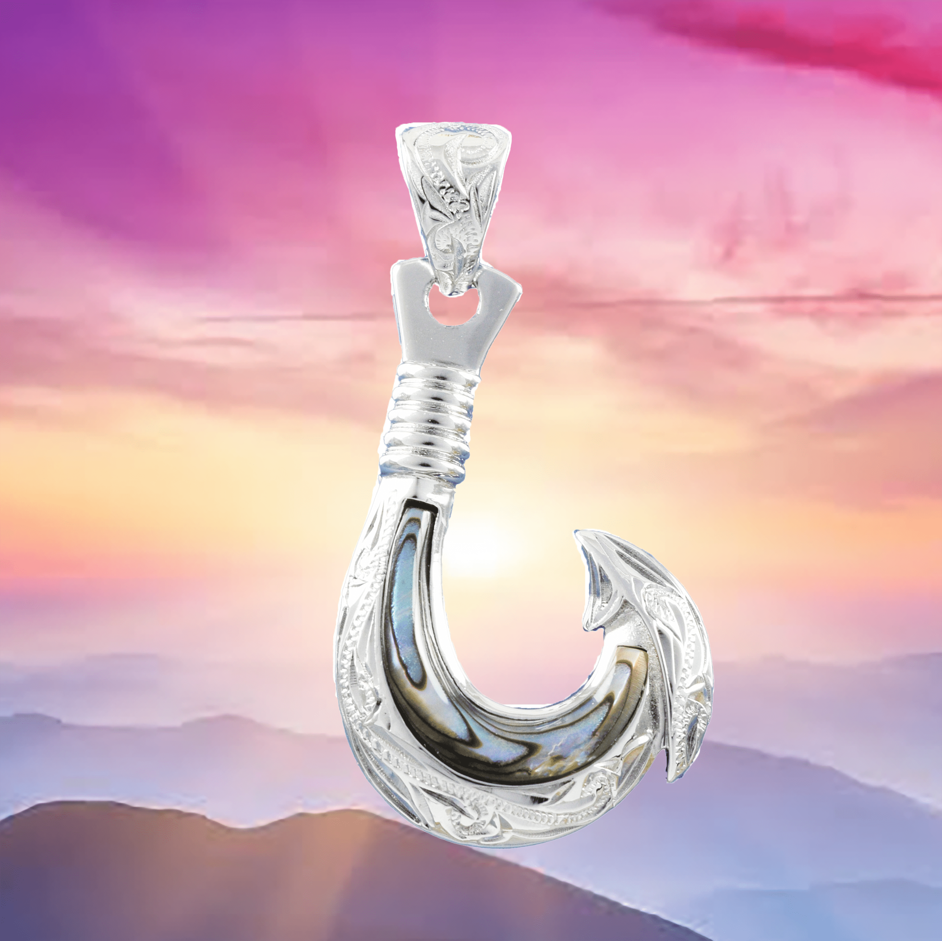 Unique Hawaiian Large Genuine Paua Shell Fish Hook Necklace, Sterling ...