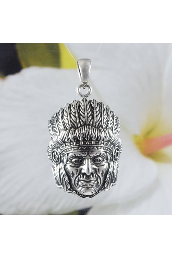 Unique Hawaiian Large Indian Chief Necklace, Sterling Silver Indian Pendant, High Polish & Oxidized Finish, N8622 Birthday Mom Gift