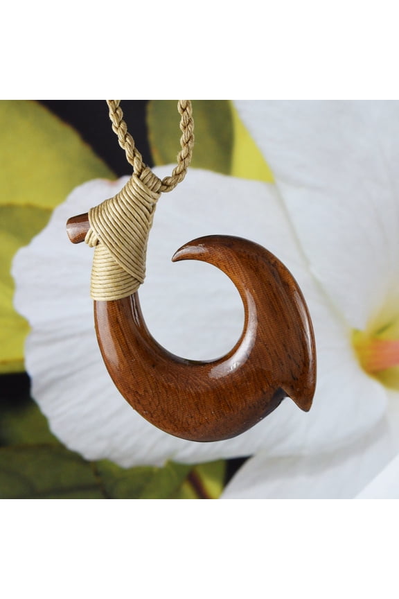 Unique Hawaiian Large Koa Wood Fish Hook Necklace, Hand Carved Genuine Koa Wood Fish Hook Necklace, N9131 Birthday Valentine Gift