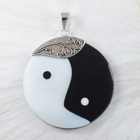 Unique Hawaiian Large Mother of Pearl Yin Yang Necklace, Sterling Silver Black & White MOP Yin-Yang Pendant, N9232 Birthday Mom Gift