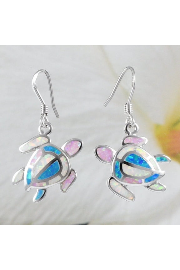 Unique Hawaiian Large Tri-color Opal Sea Turtle Earring, Sterling Silver Opal Turtle Dangle Earring, E8402 Valentine Birthday Mom Gift