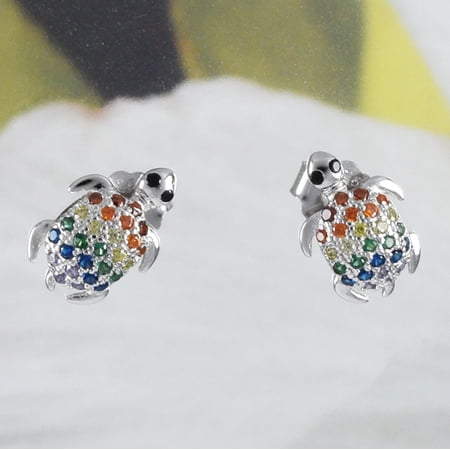 Unique Hawaiian Rainbow Sea Turtle Earring, Sterling Silver Multi-Color Stone Turtle Stud Earring, E8544 Birthday Wife Mom Valentine Gift