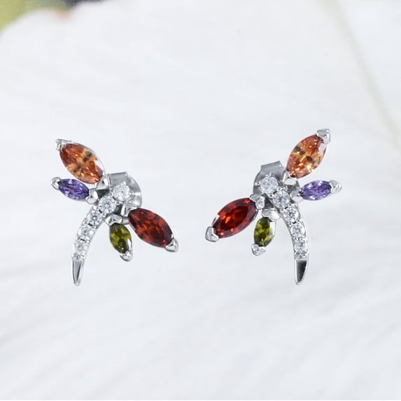 Unique Hawaiian Rainbow Stone Dragonfly Earring, Sterling Silver Multi-Color Stone Dragonfly Stud Earring, E9021 Valentine Birthday Mom Gift