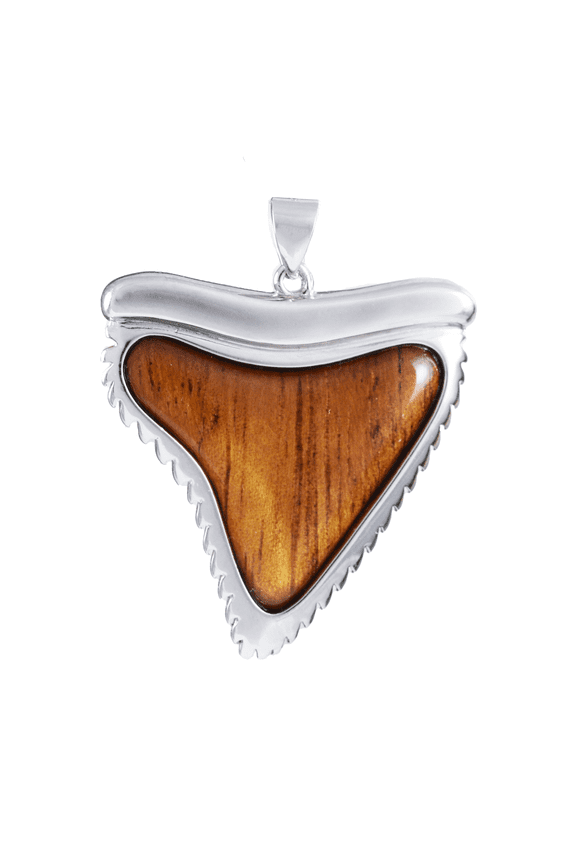 Unique Hawaiian X-Large Genuine Koa Wood Shark Teeth Necklace, Sterling Silver Shark Teeth Pendant, N8523 Birthday Valentine Wife Mom Gift