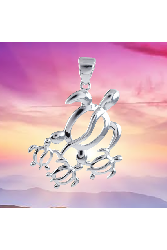 Sterling Silver Mom and 3 Small Sea Turtle Necklace Pendant