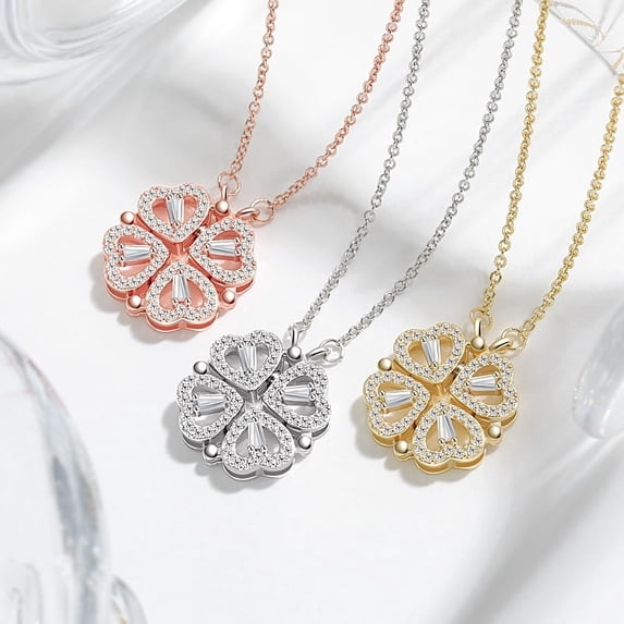 Unique Heart-Shaped Flower Pendant Necklace- Two-Way Wear, Heart-to-Heart Design, Multi-Wear Style with 4-Leaf Copper Necklace rose gold