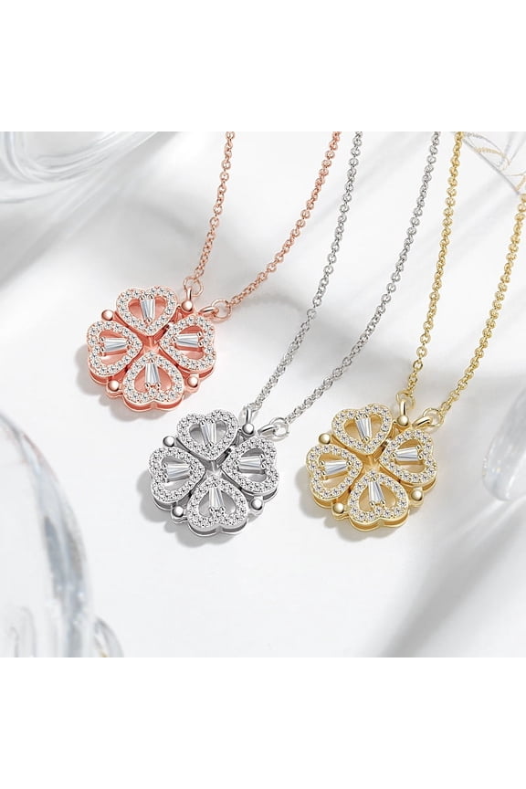 Unique Heart-Shaped Flower Pendant Necklace- Two-Way Wear, Heart-to-Heart Design, Multi-Wear Style with 4-Leaf Copper Necklace silver