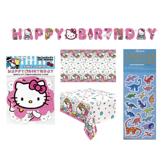 Unique Hello Kitty Birthday Birthday Party Supplies Bundle includes 1 Happy Birthday Banner, 1 Plastic Table Cover, 1 Dinosaur Sticker Sheet