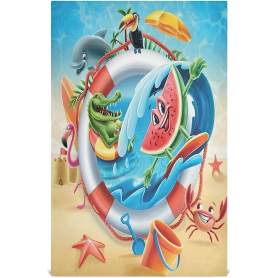 Unique Hello Summer Tea Towels 4 Pack Sandy Crabs Watermelon Kitchen Dish Cloth with Hanging Loop, 18"x28" Lint-Free Absorbent Towel for Kitchen Drying Wiping and Cleaning
