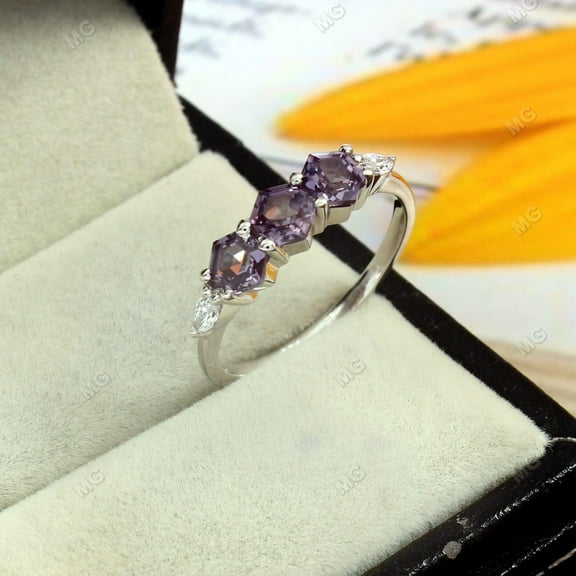 Unique Hexagon Cut Alexandrite Wedding Band, 925 Silver Moissanite Wedding Ring, Purple Gemstone Stacking Anniversary promise Rings For Women.