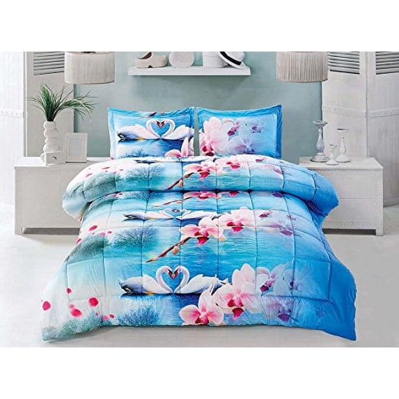 Unique Home 3 Piece Box Stitched 3D Swan Lakes Prints Faux Fur Bed In A Bag Clearance bedding Comforter Duvet Set Fade Resistant, Super Soft, All Size (D04) (Queen)