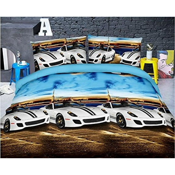 Unique Home 3 Piece Fast Lane Car Ultrasonic Embossed Sheet Set Clearance bedding Comforter Duvet Set Fade Resistant, Super Soft 100x106in (Queen)