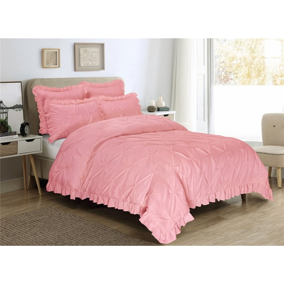 Unique Home 5 Piece Hania Solid Color Pinch Pleat Bed In A Bag Clearance Bedding Comforter Duvet Set Fade Resistant, Super Soft (King, Pink)