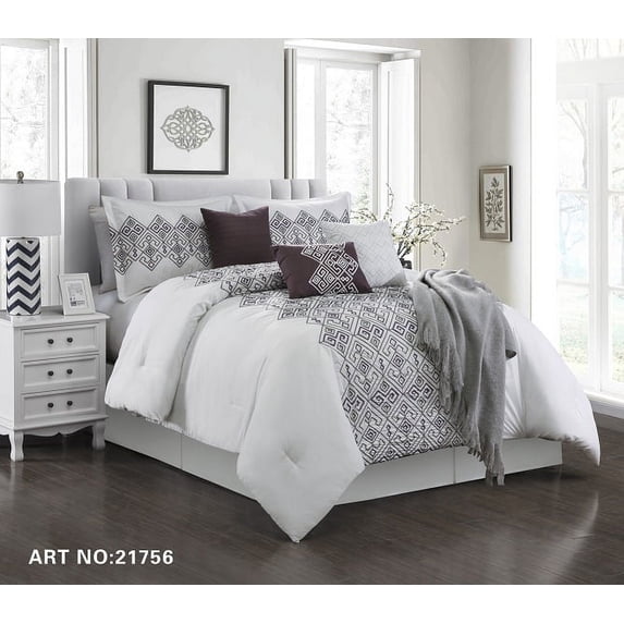 Unique Home 7 Piece Collection Comforter Set Abstract Square Pattern Clearance Bedding Comforter Duvet Cover Set (Queen, White Gray)