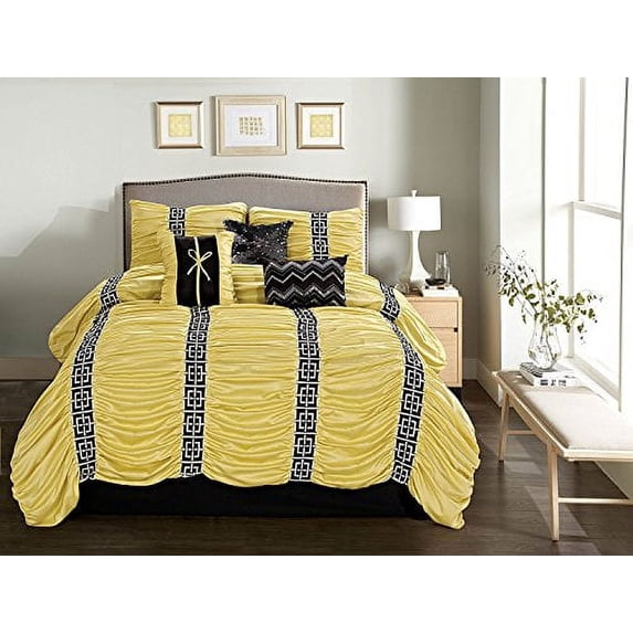 Unique Home 7 Piece Harley Chic Ruched Pleated Bed In A Bag Clearance bedding Comforter Duvet Set Fade Resistant, Super Soft, All Sizes Yellow King Size