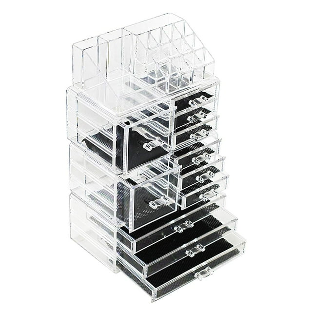 Unique Home Acrylic Makeup Cosmetic Organizer 4 Piece Large Set to Conceal Lipstick, Eye-Shadow, Brushes with 3 Storage Drawers, Clear, 4 Piece Set