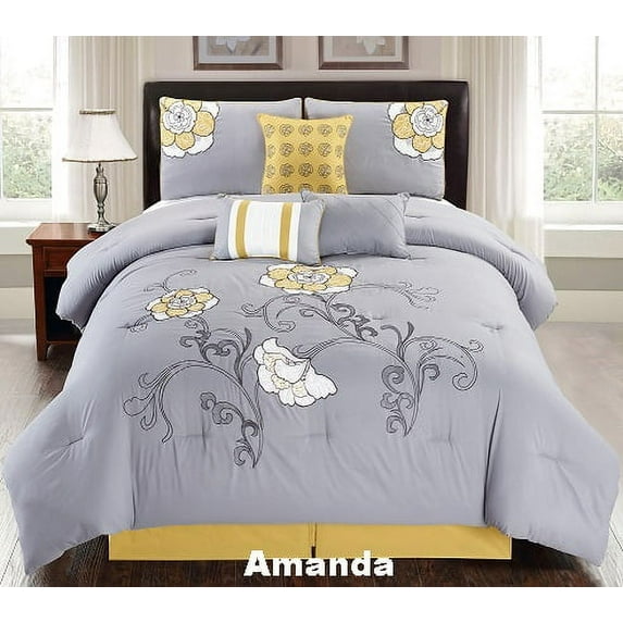 Unique Home Amanda Comforter 7 Piece Bed Set Ruffled Bed In A Bag Clearance bedding Comforter Duvet Fade Resistant, Super Soft, Queen, Gray/Yellow