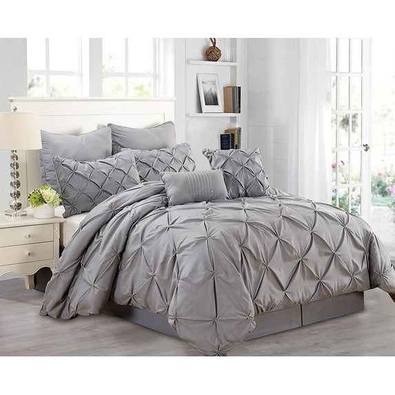 Unique Home Comforter 7 Piece Pinch Pleat Clearance Comforter Set Fade Resistant, Wrinkle Free, No Ironing Necessary, Super Soft, Queen Grey
