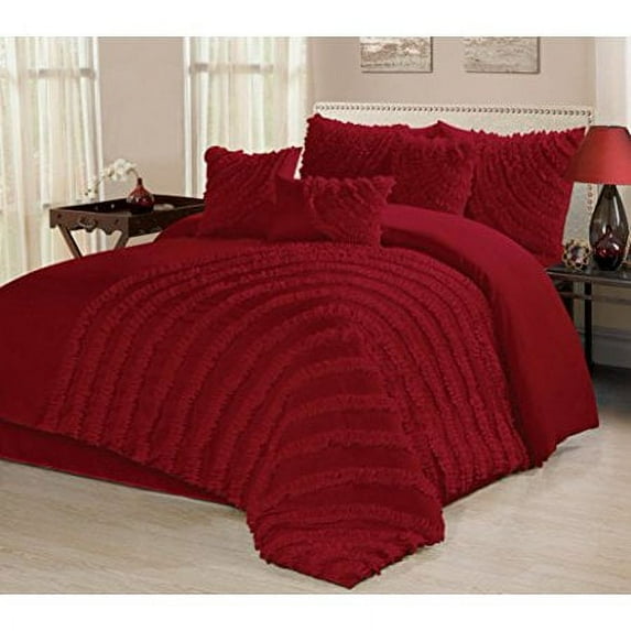 Unique Home Hillary 7 Piece Comforter Set Solid Burgundy Ruffled Bedding Style Bed In a Bag Clearance Comforter Duvet, Fade Resistance, Super Soft (King, Burgundy)