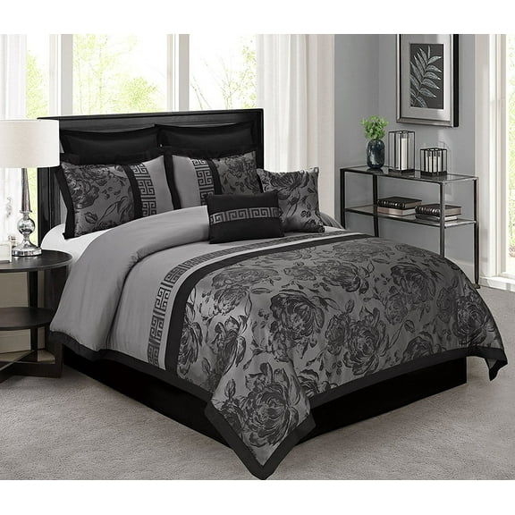 Unique Home Tang 7-Piece Gray Solid Print Comforter Sets, Queen