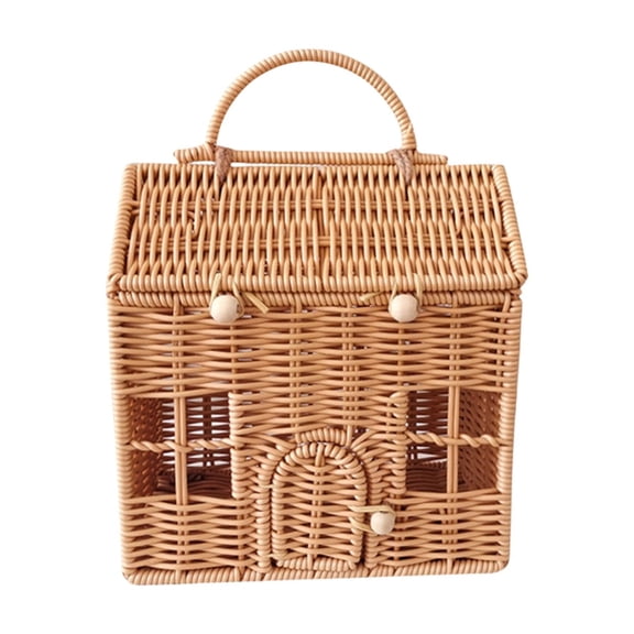Unique House Shaped Rattans Bag Handwoven Suitcase with Handle Plastic Wicker Case for Christmas Gifts Wrapping