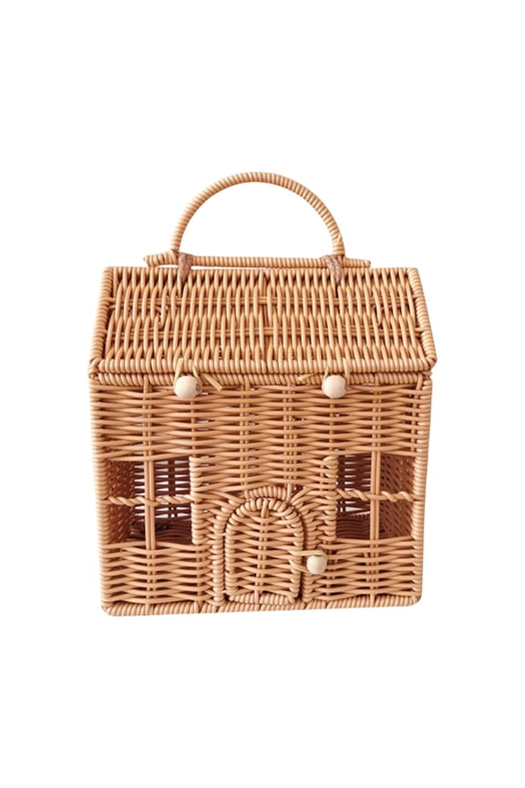 Unique House Shaped Rattans Bag Handwoven Suitcase with Handle Plastic Wicker Case for Christmas Gifts Wrapping