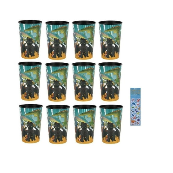 Unique How to Train Your Dragon Birthday Party Supplies Bundle includes 12 Plastic Reusable Cups 16oz and 1 Dinosaur Sticker Sheet