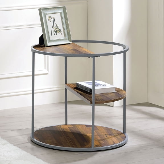 Unique Industrial Half Shelf End Table, Gray & Walnut Finish, 3-Tier, 24" Round, Powder Coated Steel Frame, Modern Living Room/Bedroom Accent Furniture
