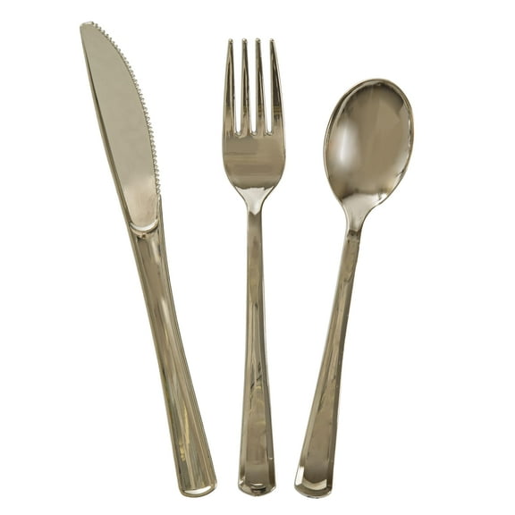 Unique Industries Assorted Plastic Silverware For 6, Metallic Gold, 18Piece