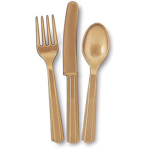 Unique Industries Assorted Plastic Silverware for 6, Gold, 18pc